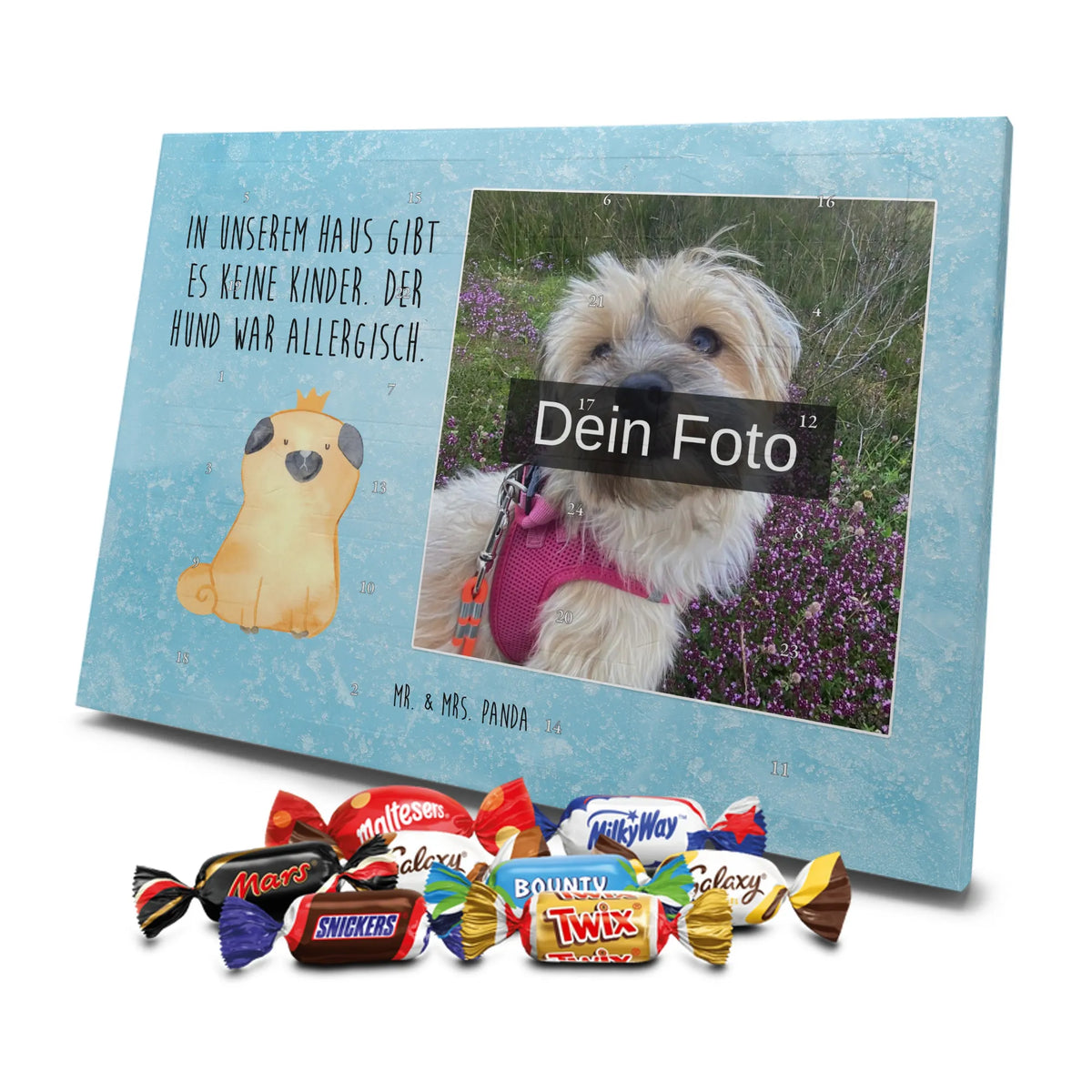 Personalisierter Schoko Foto Adventskalender Mops Krone Foto Schokoladen Adventskalender, Fotokalender Advent, Personalisierter Schoko Foto Adventskalender, Schoko Foto Adventskalender, Foto Adventskalender, Hundebesitzer, Tierliebhaber, Hundemotiv, Sprüche, Haustier, Hunderasse, Hund, Kinderlos, Lustig, Hundebesitzer. Spruch, Hausregel, Mops, Allergisch