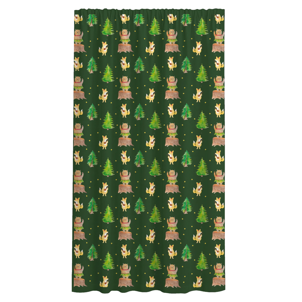 Vorhang Waldtiere Aloha Muster Gardine, Gardinenschal, Vorhang Schal, Seitenschal, Stoffvorhang, Baumwollvorhang, Flächenvorhang, Vorhang, Schiebevorhang, Lustige Sprüche, Tiere, Tiermotive, Gute Laune, Leben, Lachen, Tanzen, Waldtiere, Hase, Bär, Aloha, Igel, Musik, Wald