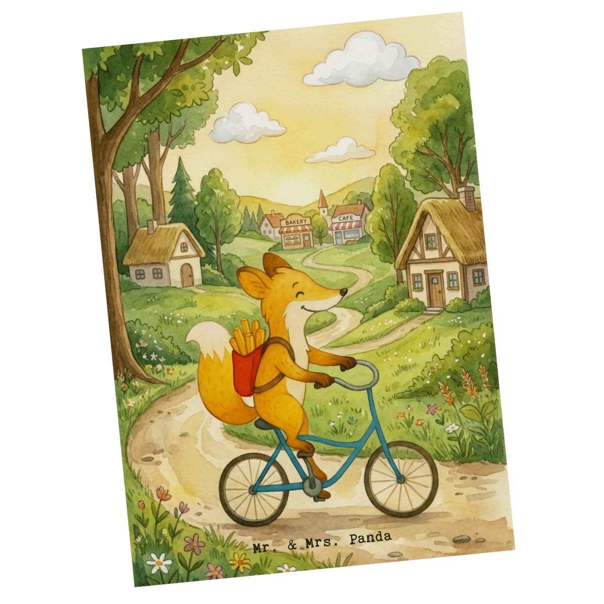 Postkarte Fuchs Lieferung Pommes Design Einzelkarte, Spruchkarte, Ansichtskarten, Fotokarte, Postkarte, Motivkarte, Designkarte, Bildkarte, Kunstkarte, Postkarten, Grußkarte, Kunstkarten, Ansichtskarte